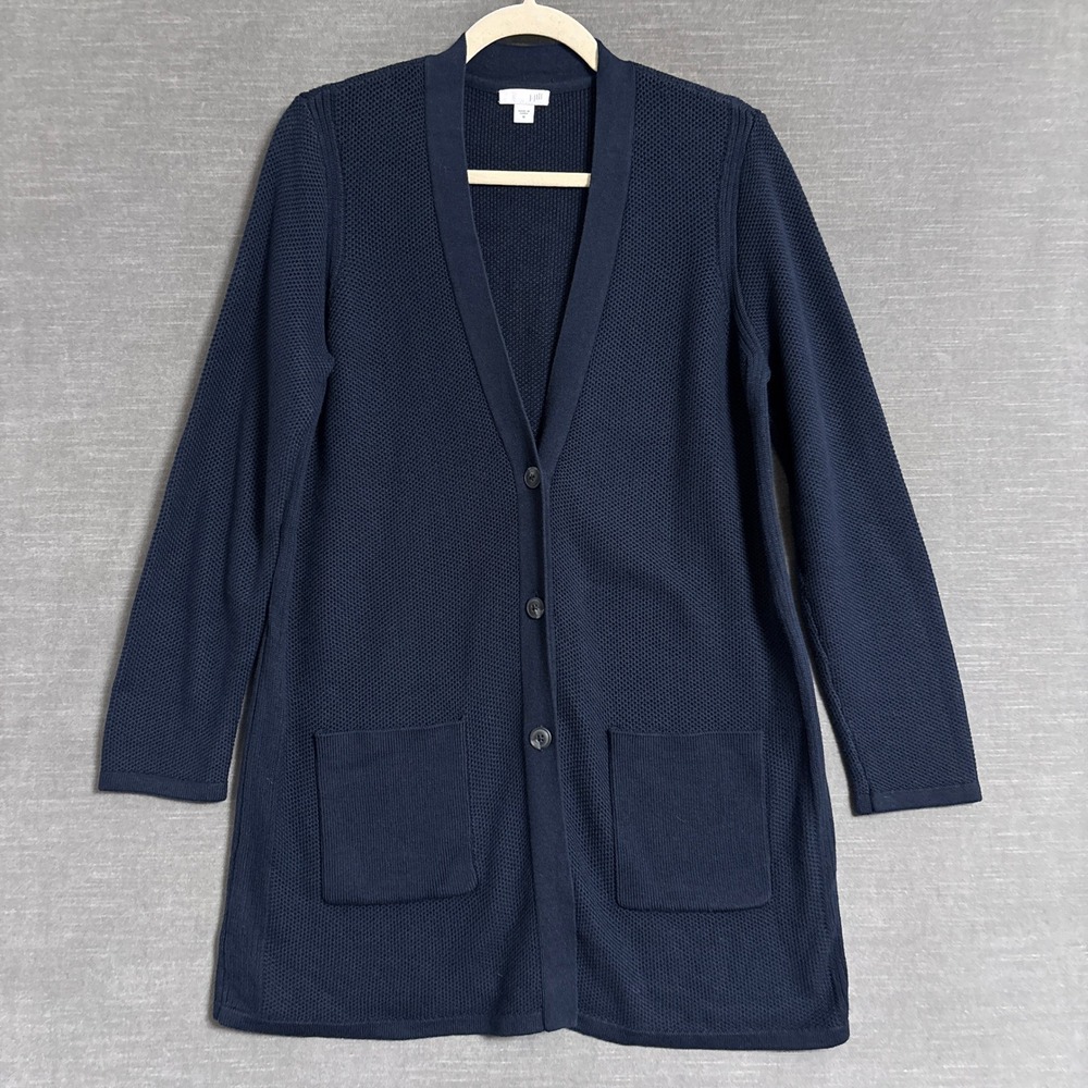 J Jill Cardigan M Navy Blue Cotton Longline Casual Sweater Classic Fall Layer
